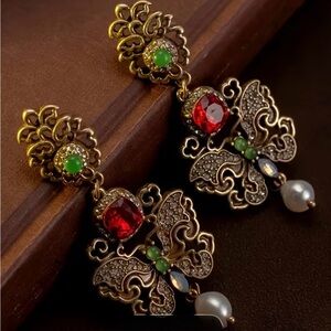 Ornate Gold and Red Gemstone Earrings